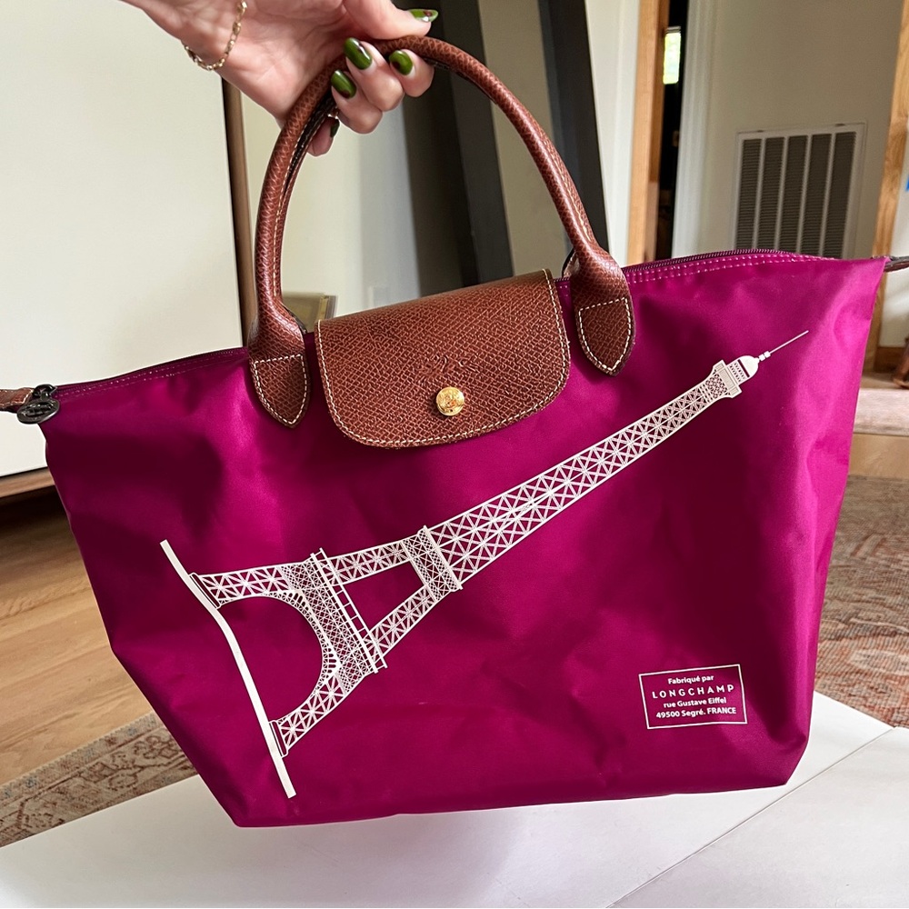 Longchamp Tote Bag in Magenta with Brown Leather Trim